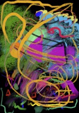 A vibrant and dynamic abstract composition featuring bold, swirling lines and geometric shapes in