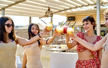 Four friends gather at a beach bar, raising their cocktails in celebration on a sunny summer day.