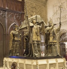 Detailed sarcophagus with elaborate figures in a historic church, Seville, Andalusia, Spain