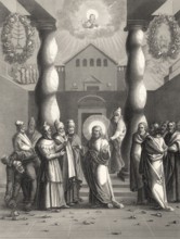 Pharisees try to trap Jesus, New Testament, steel engraving 1853, digitally restored