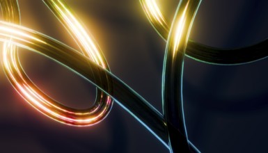 Abstract image 3D of glowing, intertwined light trails in vibrant shades on a dark background.