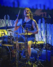 Sascha Madsen, drummer of Madsen live at Heute Nacht! 20th anniversary album debut tour in Berlin's