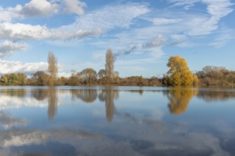 The river flows flat and reflects clouds and mountains under a clear sky. Autumn trees draw the
