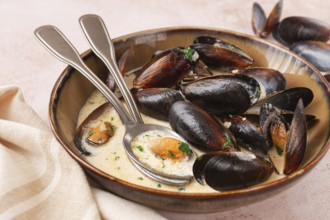 Mussels in creamy garlic sauce, served with fresh herbs and spices, homemade, no people