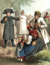 Traditional costumes in Germany around 1820, Province of Chur-Hesse, on the Schwalm, scene with