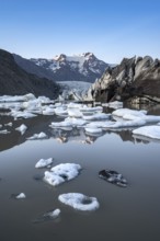 Reflection in the Svínafellslon glacier lagoon with ice floes, Svínasfellsjökull glacier tongue,