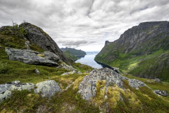 View of Øyfjorden fjord and mountains, fjord landscape with mountain peaks, hike to Barden