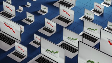 Laptops in a modern office show fluctuating stock trends, reflecting the dynamic nature of