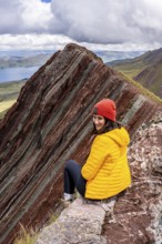 Female hiker in the Peruvian Andes, Pallay Punchu Rainbowmountain, Layo, Peru