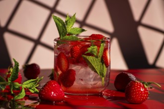 A refreshing strawberry mojito with fresh strawberries and mint, served in a clear glass with ice.