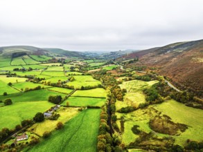 Autumn colours of Farms over River Wye and Road A470 from a drone, Llanidloes, Powys,