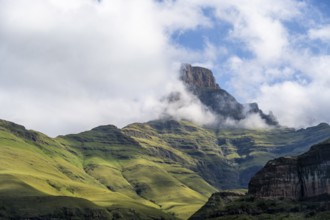 Mountains with fog at the amphitheatre, Drakensberg National Park, KwaZulu Natal, South Africa