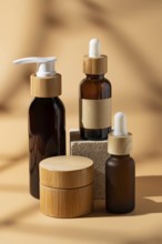 A selection of cosmetic bottles with wooden caps on a beige background. The earthy tones and