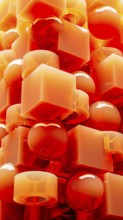 An engaging array of 3D geometric shapes in fiery orange tones combines spheres and cubes, creating
