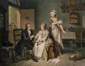 Edward Jenner, English physician, vaccinating his son held by his wife