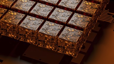 This background showcases a complex arrangement of abstract circuitry, with warm orange hues and