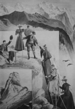 Sunday hikers climbing the Gummihorn, a peak in the Bernese Oberland, 1880, Switzerland, Historic,