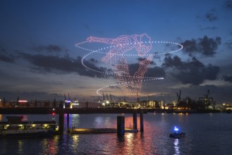 Drone light show over the Elbe as part of the Hamburg Olympic bid on 26.02.2026, Landungsbrücken,