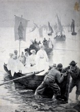 Returning home from church in a rowing boat, procession, by the sea, around 1880, France, digital