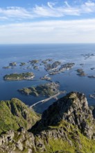 Bridges connecting numerous small rocky islands, archipelago islands, view of Henningsvær, Vågan,