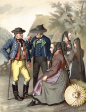 Traditional costumes in Germany around 1820, Württemberg, Freudenstadt, Rottenburg, Three men and