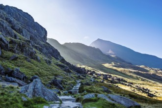 Autumn colours of Pen-y-Pass over Miner's Track, Start Point and road A4086, Snowdonia, Wales, UK