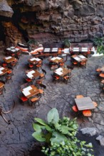 Tables in the restaurant, art and cultural centre, Jameos del Agua venue, lava tube, Lanzarote,
