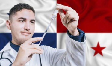 Doctor holding syringe on Panama flag background. Medical professional holding syringe with