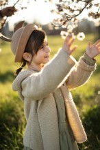 A joyful little girl in a beige hat and sweater plays under the almond blossoms on a sunny spring