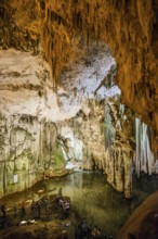 Huge stalactites and underground lake, stalactite cave, Grotta di Nettuno, Neptune Grotto, Capo