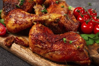 Grilled fried chicken legs, served with fresh cherry tomatoes, and herbs, on a wooden chopping