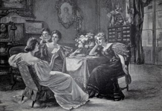 Scene shows a group of woman in a richly decorated salon and provides an insight into the fashion