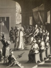 The Sanhedrin trial of Jesus, New Testament, steel engraving 1853, digitally restored
