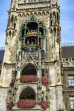 Detail of the tower and main façade of the New Town Hall on Marienplatz in Munich, Bavaria, Germany