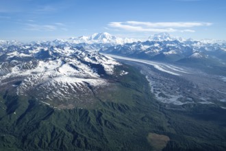 Kahlitna Glacier, Mt Foraker and Mt Denali or Mount McKinley, aerial view, Alaska Range, Denali