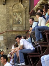 Il Palio di Siena, historic horse race, grandstand with spectators, Piazza del Campo, historic