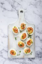 Boiled eggs stuffed with yolk and seasoned with mayonnaise, stuffed eggs with shrimp, on a white