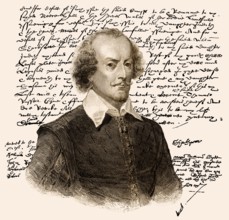 Porträt und Faksimile des Testaments von William Shakespeare, 1564 - 1616, einem englischen