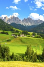Green meadows and santa maddalena church under the odle mountain group in the italian dolomites