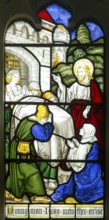Detail stained glass window of Christ's life, Burlison & Grylls c 1880, Kelsale church, Suffolk,