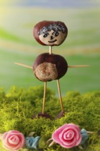 Chestnut figure standing on Iceland moss with pink decorative roses, alienation, North
