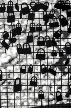 Padlocks, so-called love locks on a fence, vantage point in Wesel am Rhein, North Rhine-Westphalia,