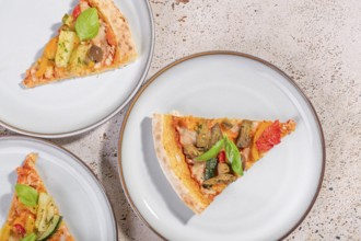 Delicious vegetarian pizza slices topped with vibrant zucchini, eggplant, olives, and basil. Served