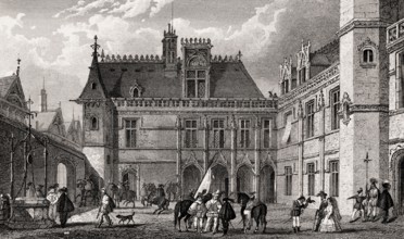 Hôtel de Cluny, Paris, 15th century, antique steel engraved print, 1831