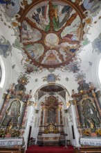 Church, baroque basilica St. Mang, interior view with ceiling fresco, Füssen, Ostallgäu, Bavaria