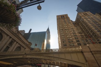 From below the morning view of Pershing Square Plaza in front of Grand Central Terminal with the