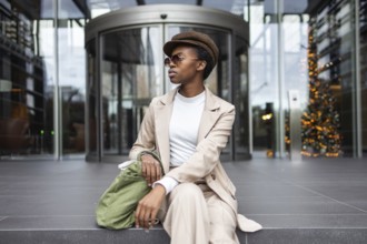 A fashionable black woman in a beige suit, sitting outside a modern building with glass doors She