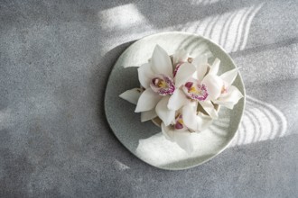 A cluster of delicate white orchids with pink centers rests gracefully on a round plate, casting
