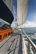 Sailing, sailing ship in the evening sun, backlight, sky, beautiful weather, atmosphere, journey,