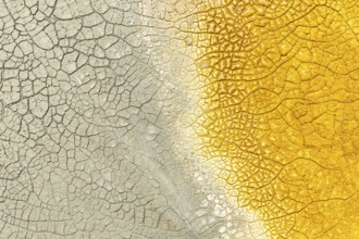 A close-up of cracked mud with striking multicolor patterns, featuring vivid yellow on one side and